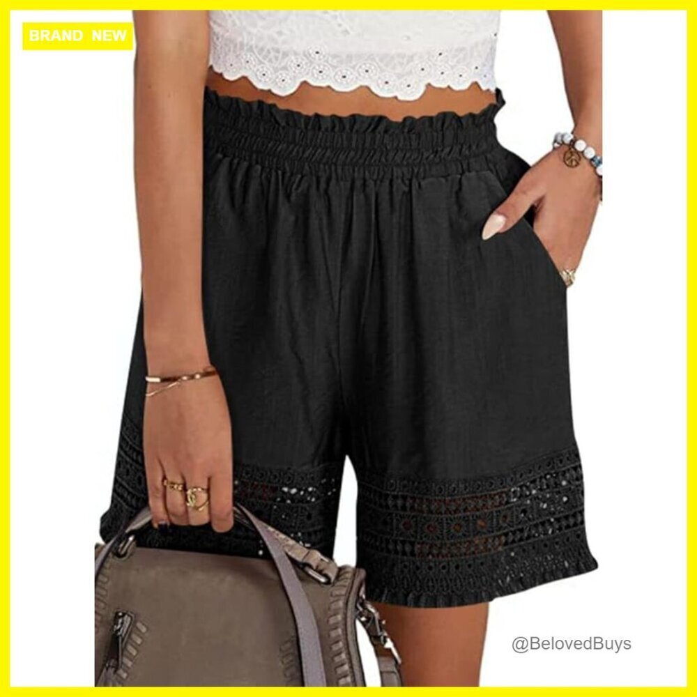 Elastic Waist Lounge Shorts Stretch Lace Trim Linen Ruffle Casual Summer